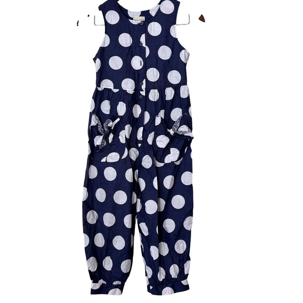 Vintage Laura Ashley Mother Child Navy White Polka Dot Jumpsuit girls 9 Years
